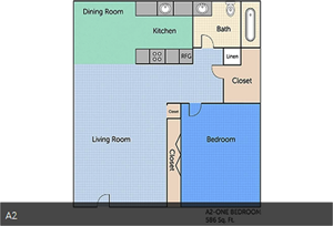A2 - One Bedroom / One Bath - 586 Sq. Ft.*