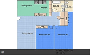 B1 - Two Bedroom / One Bath - 764 Sq.Ft.*