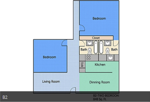 B2 - Two Bedroom / Two Bath - 848 Sq. Ft.*