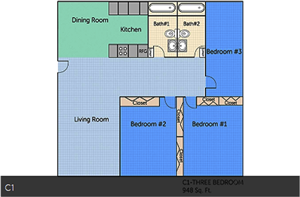 C1 - Three Bedroom / Two Bath - 948 Sq. Ft.*